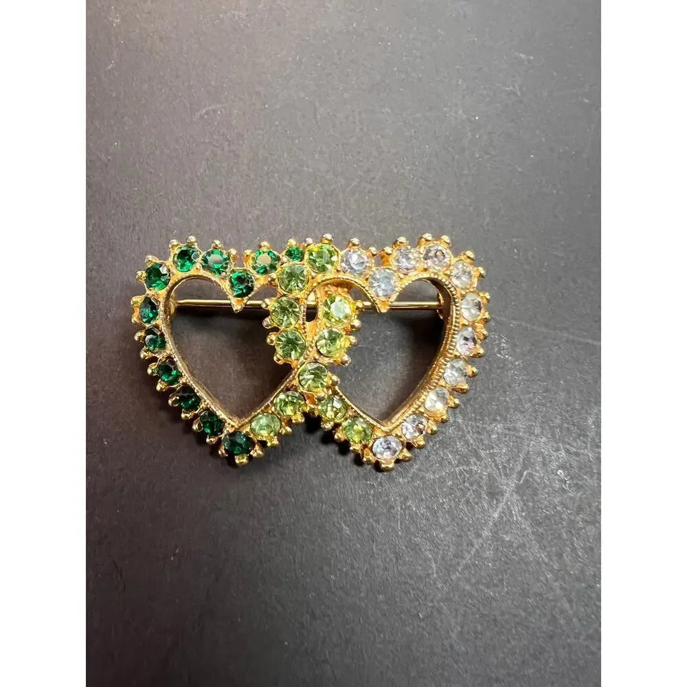 Vintage Gold Tone Double Heart Green Clear Rhinestone Brooch